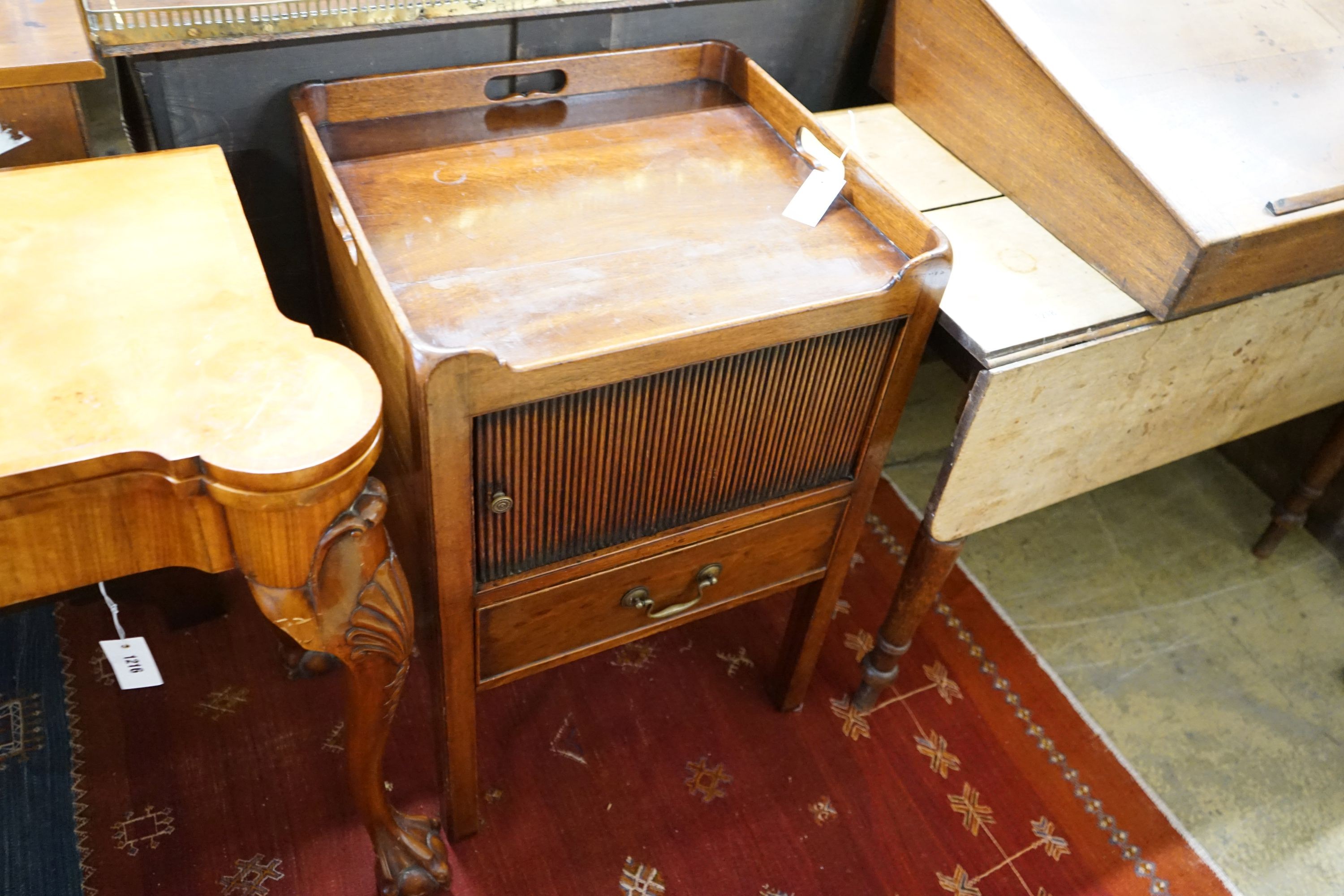 A George III mahogany tray top commode with tambour compartment, width 50cm, depth 46cm, height 77cm